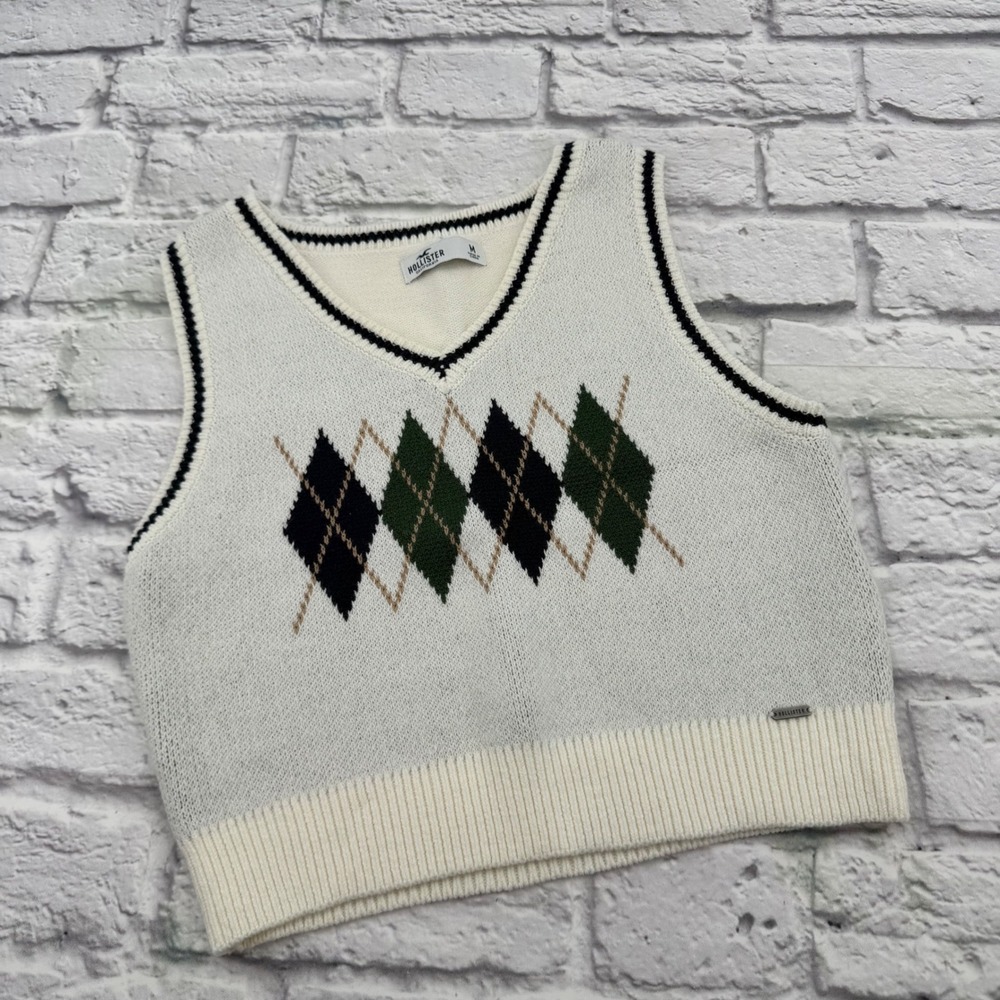 Hollister Womens Argyle Sweater Vest White Green Navy Blue Cropped V-Neck Size M